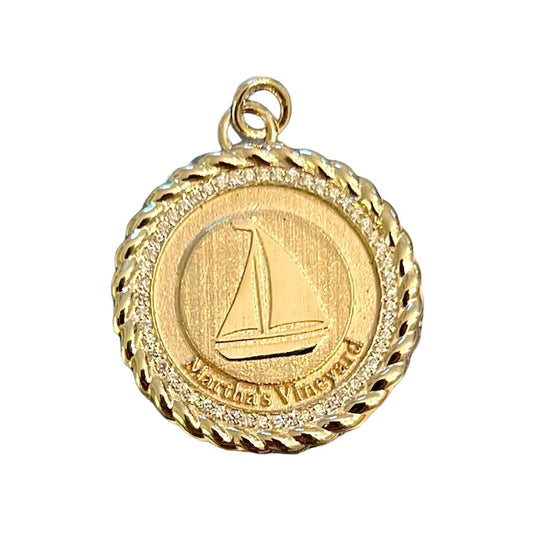 Customizable 14K Yellow Gold Martha's Vineyard Sailboat pendant with diamonds